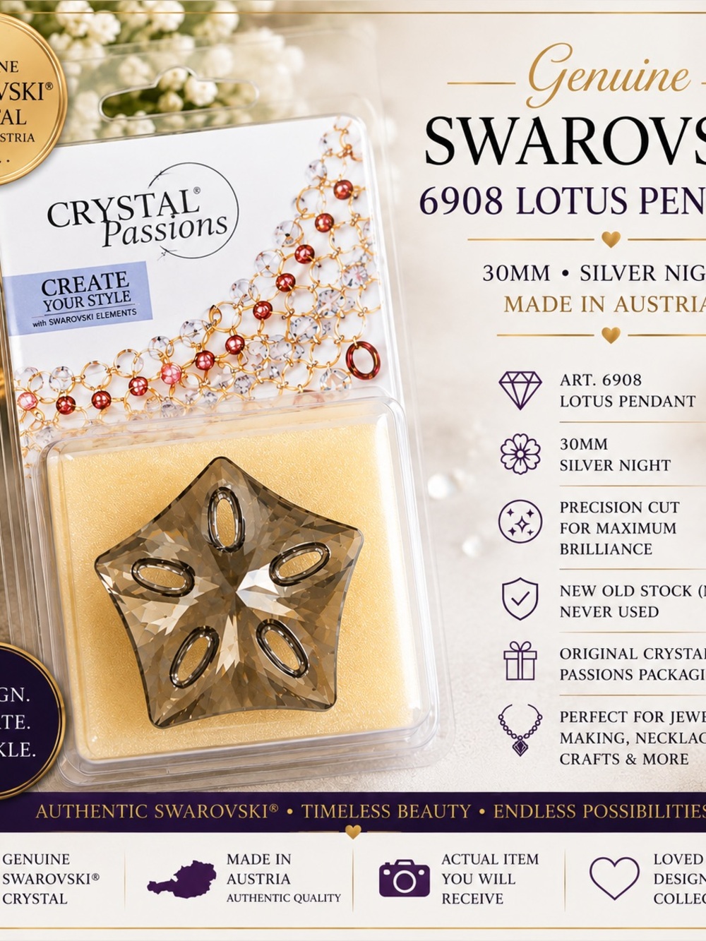 Swarovski 6908 Lotus Pendant 30mm Silver Night Crystal Passions | Genuine